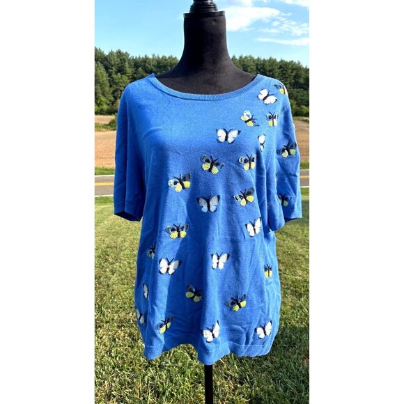Talbots Womens Blue Butterfly Embroidered Knit Sweater Sz 2X Short Sleeve Blouse - Picture 1 of 10